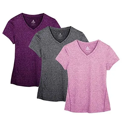 Produktbild: icyzone Damen Sport Fitness T-Shirt Kurzarm V-Ausschnitt Laufshirt Shortsleeve Yoga Top 3er Pack (M, Charcoal/Red Bud/Pink)