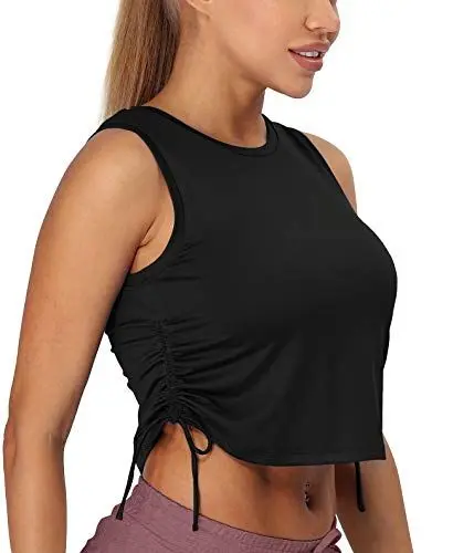 Produktbild: icyzone Damen Sport Fitness Tank Top Cropped Yoga Shirt Rundhals Laufen Oberteile (S, Schwarz)