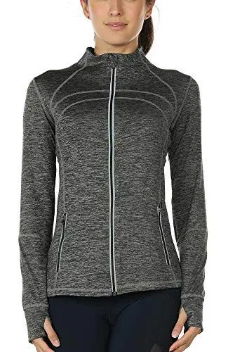 Produktbild: icyzone Damen Sport Jacke Laufjacke Trainingsjacke voll Reißverschluss Laufshirt Langarm mit Daumenloch (S, Charcoal)
