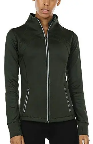 Produktbild: icyzone Damen Sport Jacke Laufjacke Trainingsjacke voll Reißverschluss Laufshirt Langarm mit Daumenloch (XL, Army)