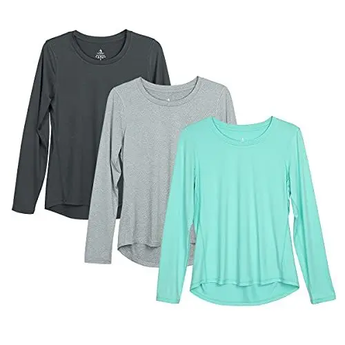 Produktbild: icyzone Damen Sport Shirt Langarm 3er Pack Atmungsaktive Laufshirt Funktionsshirt für Gym Fitness (Black Melange/Grey/Ice Green, XL)