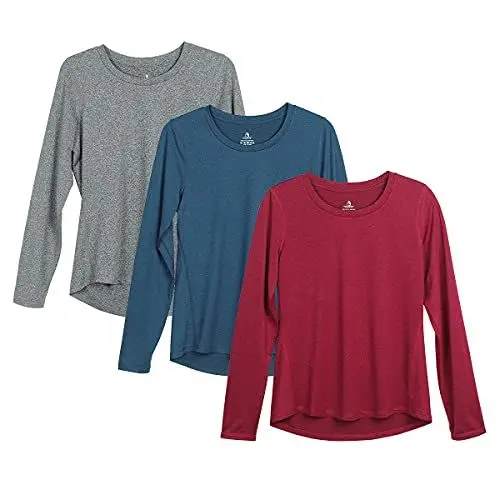 Produktbild: icyzone Damen Sport Shirt Langarm 3er Pack Atmungsaktive Laufshirt Funktionsshirt für Gym Fitness (Charcoal/Royal Blue/Wine, L)
