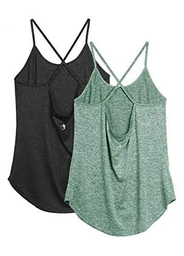 Produktbild: icyzone Damen Sport Shirt Yoga Rückenfrei Träger Top Gym Fitness Oberteile 2er Pack Sport Tank Top (M, Schwarz/Grün)