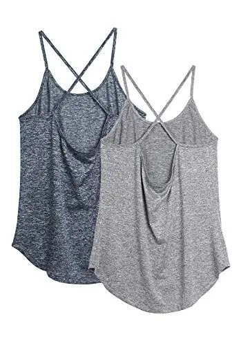 Produktbild: icyzone Damen Sport Shirt Yoga Rückenfrei Träger Top Gym Fitness Oberteile 2er Pack Sport Tank Top (S, Grau/Navy)