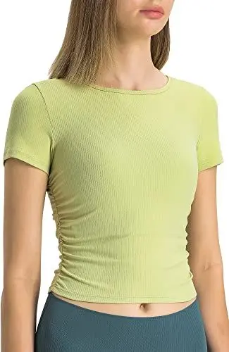 Produktbild: icyzone Damen Sport T-Shirt Gerippte Fitness Casual Kurzarm Shirt Atmungsaktiv Yoga Top Cropped Laufshirt (Wasabi, L)