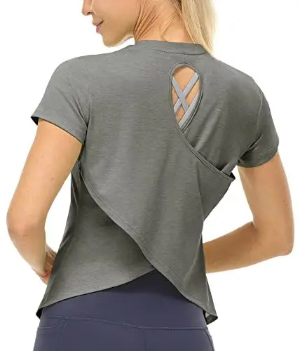 Produktbild: icyzone Damen Sport T-Shirt Kurzarm Yoga Top Leichte Fitness Shirt Sommer Lässig Oberteile (Grey, M)