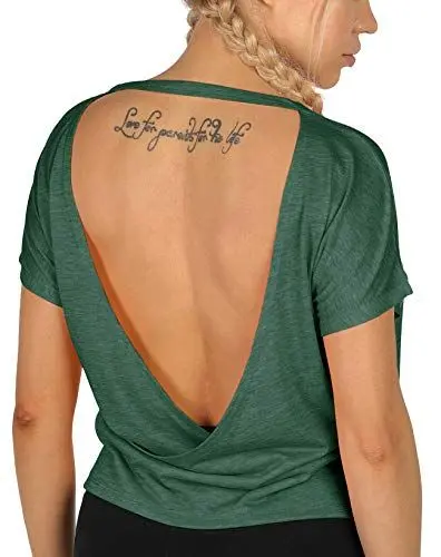 Produktbild: icyzone Damen Sport T-Shirt Rückenfrei Kurzarm Shirt Loose Casual Oberteile Yoga Top (S, Dunkelgrün)