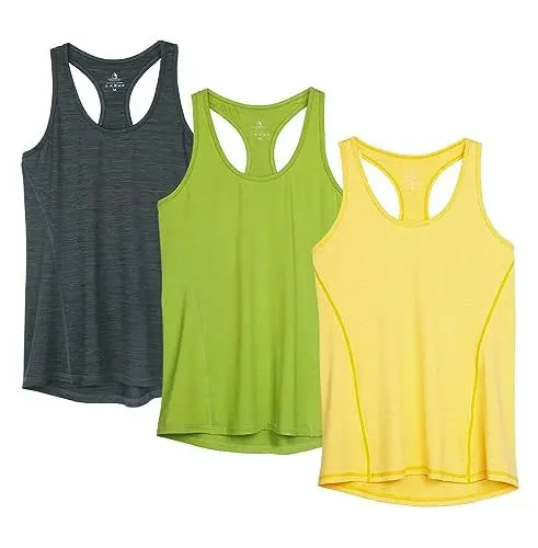 Produktbild: icyzone Damen Sport Top Fitness Yoga Shirt Ringerrücken atmungsaktives Sportoberteile Funktionsshirt Gym Tanktop, 3er Pack (M, Ombre Blue/Spectra Yellow/Green Glow)