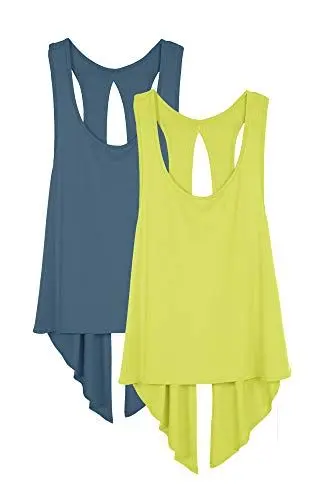 Produktbild: icyzone Damen Sport Top Rückenfrei Fitness Yoga Shirt Ärmellos Sport Oberteile, 2er Pack (XL, Harbor Blue/Mustard)