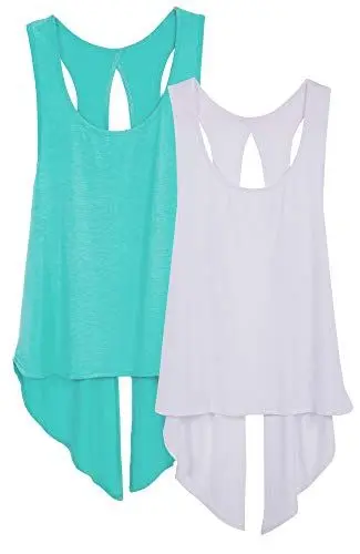 Produktbild: icyzone Damen Sport Top Rückenfrei Fitness Yoga Shirt Ärmellos Sport Oberteile, 2er Pack (XL, Pool Blue/White)