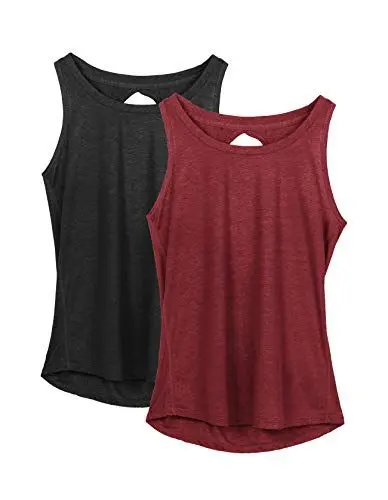 Produktbild: icyzone Damen Sport Top Rückenfrei Fitness Yoga Tank Top Leichte Ärmellos Sommer Casual Shirts, 2er Pack (L, Schwarz/Weinrot)