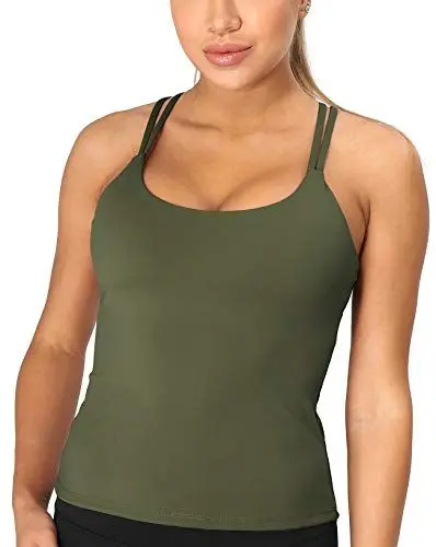 Produktbild: icyzone Damen Sport Top mit Integriertem BH - Longline Gepolsterter Yoga-BH Ohne Bügel, 2 in 1 Gym Fitness Tanktop (M, Dunkelgrün)