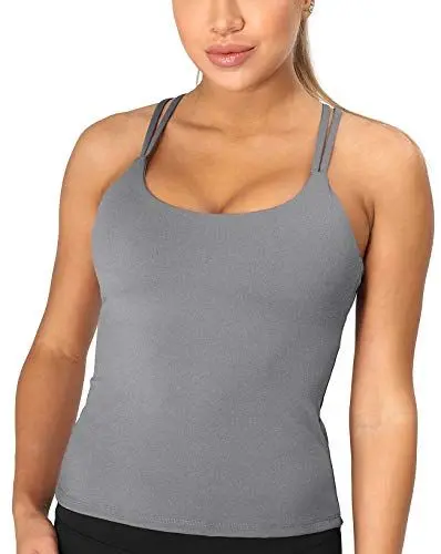 Produktbild: icyzone Damen Sport Top mit Integriertem BH - Longline Gepolsterter Yoga-BH Ohne Bügel, 2 in 1 Gym Fitness Tanktop (S, Grau)