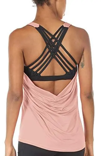 Produktbild: icyzone Damen Sport Tops mit Integriertem BH - 2 in 1 Yoga Gym Shirt Fitness Training Tanktop (L, Pale Blush)