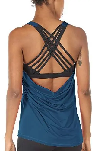 Produktbild: icyzone Damen Sport Tops mit Integriertem BH - 2 in 1 Yoga Gym Shirt Fitness Training Tanktop (M, True Blue)