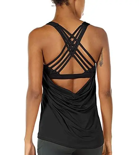 Produktbild: icyzone Damen Sport Tops mit Integriertem BH - 2 in 1 Yoga Gym Shirt Fitness Training Tanktop (L, Black)