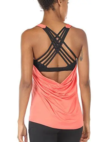 Produktbild: icyzone Damen Sport Tops mit Integriertem BH - 2 in 1 Yoga Gym Shirt Fitness Training Tanktop (S, Fusion Coral)