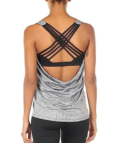 Produktbild: icyzone Damen Sport Tops mit Integriertem BH - 2 in 1 Yoga Gym Shirt Fitness Training Tanktop (S, Grey Melange)