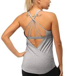 Produktbild: icyzone Damen Sport Yoga Tank Top mit Integriertem BH - 2 in 1 Gym Shirt Sport Fitness Oberteile (L, Gray Melange)