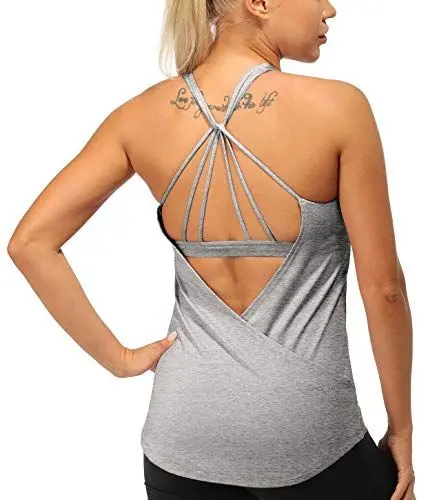 Produktbild: icyzone Damen Sport Yoga Tank Top mit Integriertem BH - 2 in 1 Gym Shirt Sport Fitness Oberteile (L, Gray Melange)