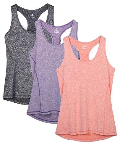 Produktbild: icyzone Damen Sporttop Yoga Tank Top Ringerrücken Oberteil Laufen Fitness Funktions Shirt, 3er Pack (L, Charcoal/Lavender/Peach)