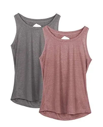 Produktbild: icyzone Damen Yoga Sport Tank Top Rückenfrei Fitness Oberteil ärmellos Shirts, 2er Pack (L, Grau/Mokka)