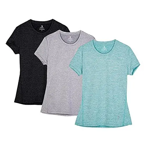 Produktbild: icyzone Sport T-Shirt Damen Kurzarm Laufshirt - Atmungsaktive Fitness Gym Shirt Sport Oberteile, 3er Pack (L, Black/Granite/Green)