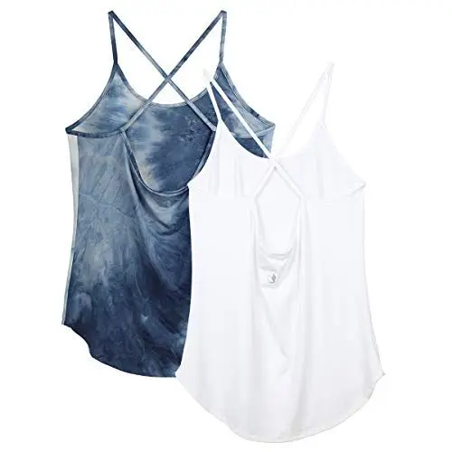 Produktbild: icyzone Damen Sport Shirt Yoga Rückenfrei Träger Top Gym Fitness Oberteile 2er Pack Sport Tank Top (M, Denim/Weiß)