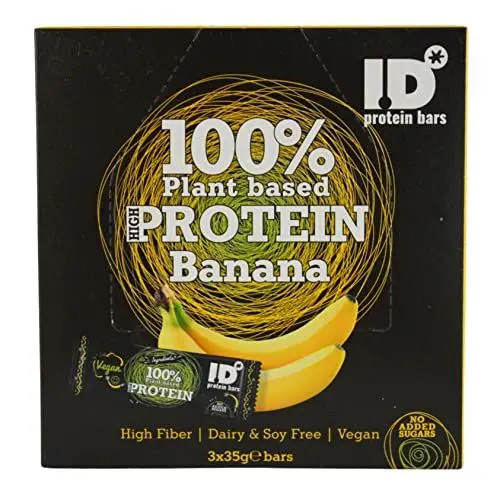 Produktbild: I.D Protein Riegel 100% Pflanzlich Banane Riegel im Display mit 3 Riegeln x 35 g, Packung mit 3 Displayboxen (Insgesamt: 9 Riegel)