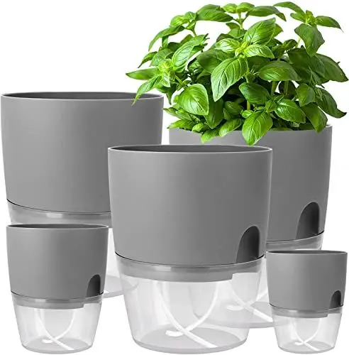Produktbild: iDattel Blumentopf Mit Bewässerungssystem,Kräutertopf Küche Set Fensterbank selbstbewässernd-5er Set Kräutergarten für die Küche,15.3/10.5/8.2cm, für frische Küchenkräuter, Grau