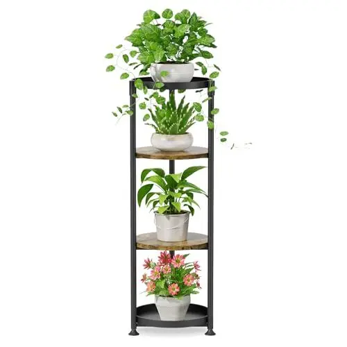 Produktbild: iDavosic.ly Blumenständer Metall mit 4 Ebenen, Pflanzenständer Pflanzenregal Blumenregal Indoor Outdoor, Groß Holz Blumentreppen Innen Plant Stand für Garten Balkon Wohnzimmer, Schwarz