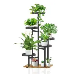 Produktbild: iDavosic.ly Pflanzenständer Metall mit 5 Ebenen, Pflanzenregal Blumenregal Indoor Outdoor, Holz Blumenständer Innen Flower Plant Stand Shelf für Garten Balkon Wohnzimmer (Schwarz)