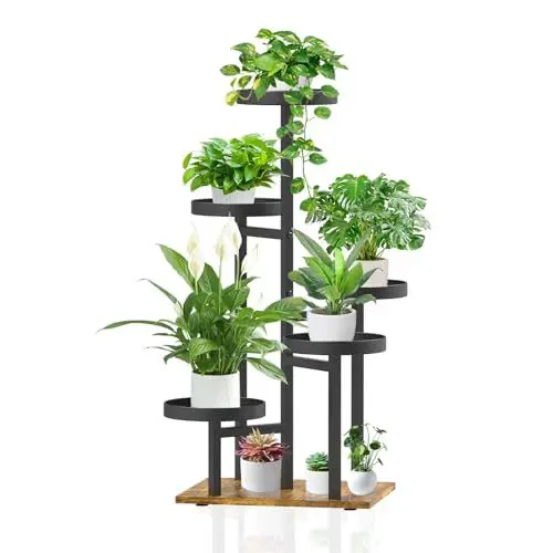 Produktbild: iDavosic.ly Pflanzenständer Metall mit 5 Ebenen, Pflanzenregal Blumenregal Indoor Outdoor, Holz Blumenständer Innen Flower Plant Stand Shelf für Garten Balkon Wohnzimmer (Schwarz)