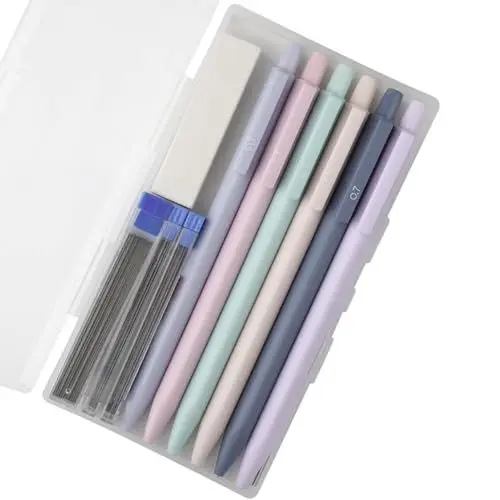 Produktbild: Idcrea Niedliches Druckbleistift-Set – 6 Bleistifte, 4 Röhren und 1 Radiergummi – 0,5/0,7 mm – dreieckiger Schaft – Bonbonfarben – zum Schreiben, Zeichnen, Mädchen-Geschenk (0,7)