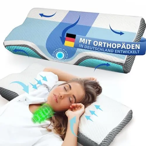 Produktbild: IDEA Kopfkissen Nackenschmerzen, Ergonomisches Orthopädisches Kissen Nackenkissen, Memory Foam Kissen für Seiten, Rücken& Bauchschläfer, Antischnarchkissen für Männer Frauen (62 * 34.5 * 12/8CM)