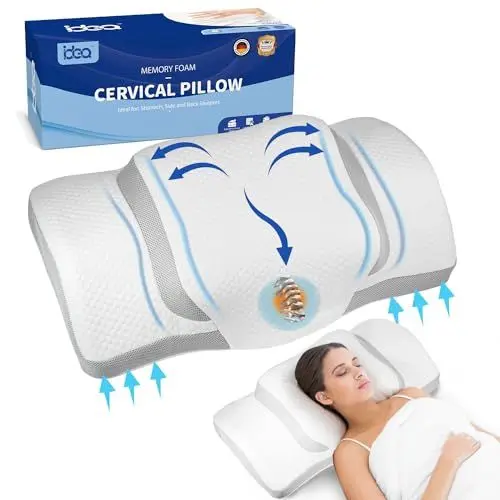 Produktbild: IDEA Nackenkissen, Ergonomisches Kopfkissen Nackenschmerzen Memory Foam, Orthopädisches Kissen für Frauen, Männer, Anti Schnarch Kissen für Seiten, Rücken & Bauchschläfer (67.3 x 38.2 x 13.8/3cm)