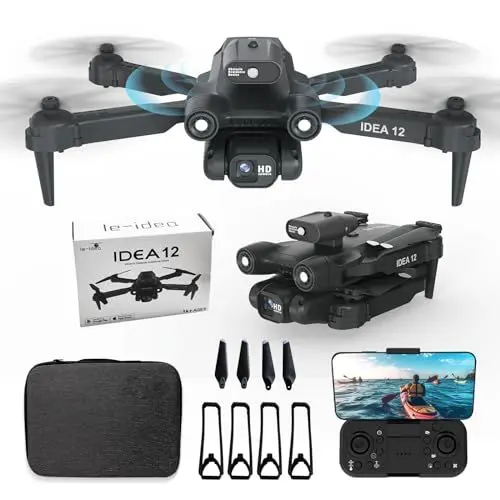 Produktbild: IDEA12 Drohne mit Einstellbarer Kamera 1080P mit Optische Flusspositionierung für Anfänger und Erwachsene, FPV RC Drone Quadcopter mit 360° Aktive Hindernisvermeidung, Doppelkameras, 2 Batterien