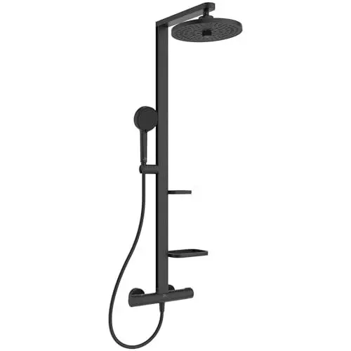 Produktbild: Ideal Standard BD583XG Alu+ Duschsystem mit Ceratherm Brausethermostat – Frei von Blei, Chrom & Nickel – Spa-Regendusche mit 2-Funktionshandbrause in Schwarz matt