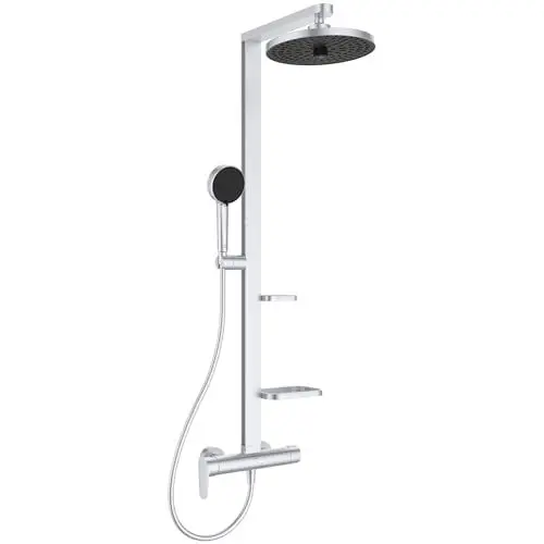 Produktbild: Ideal Standard BD584SI Alu+ Duschsystem mit Ceraflow Brausearmatur – Frei von Blei, Chrom & Nickel – Spa-Regendusche mit 2-Funktionshand und -regenbrause und 2 Ablagen – in Silver