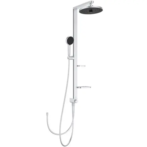 Produktbild: Ideal Standard BD585SI Alu+ Duschsystem ohne Armatur – Frei von Blei, Chrom & Nickel – Spa-Regendusche mit 2-Funktionshand und -regenbrause und 2 Ablagen – in Silver