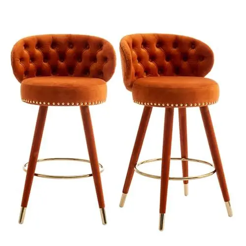 Produktbild: IDEAS Velvet 360° drehbare Barhocker, Barhocker mit Holzbeinen für Esszimmer/Kücheninsel, 2er-Set (Orange-2pcs)