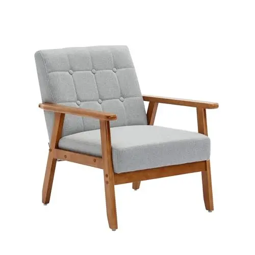 Produktbild: IDEASY Moderner Sessel, gepolsterter Cocktailsessel mit Armlehnen und Füßen aus Massivholz, bequemer Loungesessel, Lesesessel für Wohn- und Schlafzimmer (Grau)