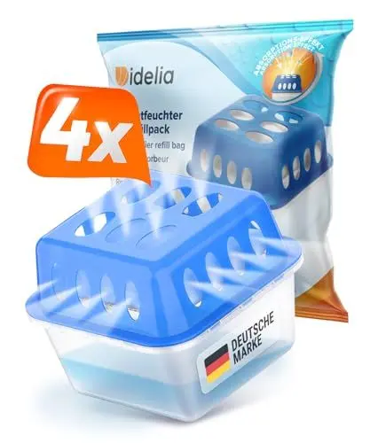Produktbild: Idelia® 4x Luftentfeuchter + 9x 400g Nachfüllpacks - Raumentfeuchter für Bad, Keller uvm. bis 40m² + 9x Luftentfeuchter Granulat (4x Entfeuchter + 9x Nachfüllpacks) Baumarkt Fachhandel Qualität