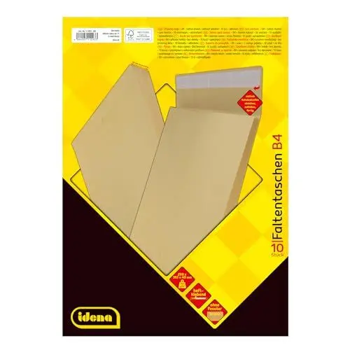 Produktbild: Idena 11093 - Versandtaschen DIN B4, 10 Stück haftklebend, Faltentaschen mit 4 cm Bodenfalte, Briefumschläge ohne Fenster, aus 140 g/m² FSC-Recycled Papier in Braun