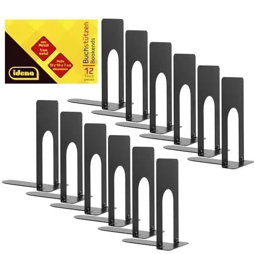 Produktbild: Idena 11110 - Buchstützen aus Metall in Schwarz, 12 Buchständer in der Größe 13 x 10 x 7 cm, Buchhalter für Bücherregale