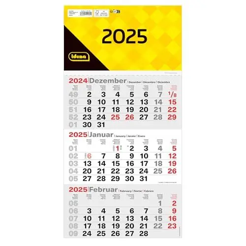 Produktbild: Idena 11170-3 Monatskalender 2025 in der Größe 25 x 45 cm, Wandkalender mit Schieber, 4-sprachiger Bürokalender mit Wochenzählung