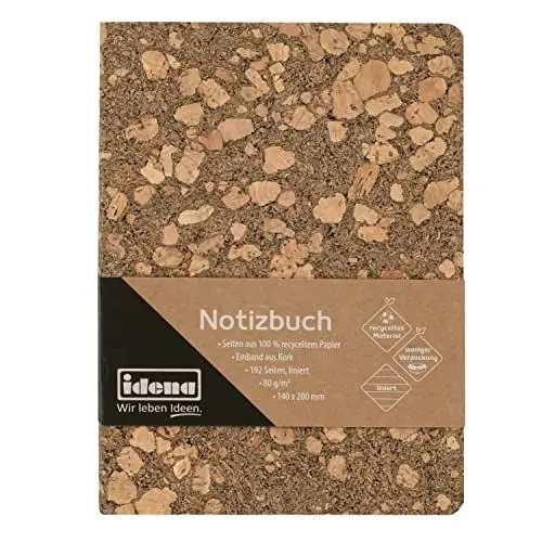 Produktbild: Idena 12252 - Notizbuch 20 x 14 cm, liniert, 192 Seiten, aus 100 % recyceltem Papier, Einband aus Kork, 80 g/m², 1 Stück