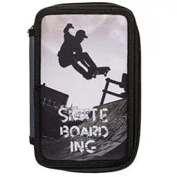 Produktbild: Idena 20117 - Schüleretui Triple mit 3 Reißverschluss-Fächern und mit 47 Teilen befüllt, Design Skateboard, Federmappe mit Buntstiften, Lineal und weiterem Zubehör für die Schule
