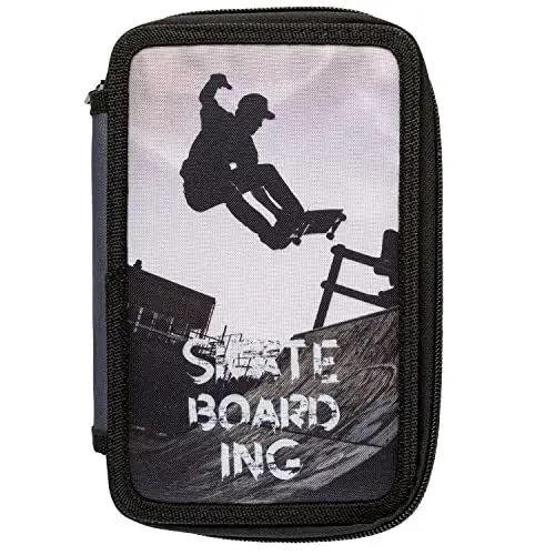 Produktbild: Idena 20117 - Schüleretui Triple mit 3 Reißverschluss-Fächern und mit 47 Teilen befüllt, Design Skateboard, Federmappe mit Buntstiften, Lineal und weiterem Zubehör für die Schule