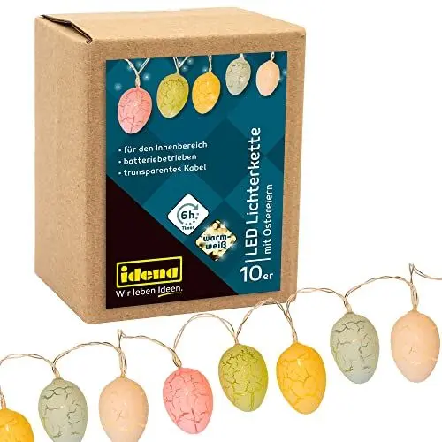 Produktbild: Idena 30132 - LED Lichterkette mit 10 LED in warmweiß, mit Eiern in Pastellfarben, batteriebetrieben, mit 6 Stunden Timer Funktion, ca. 1,65 m lang, für Ostern, Frühling, Deko und Sträuße